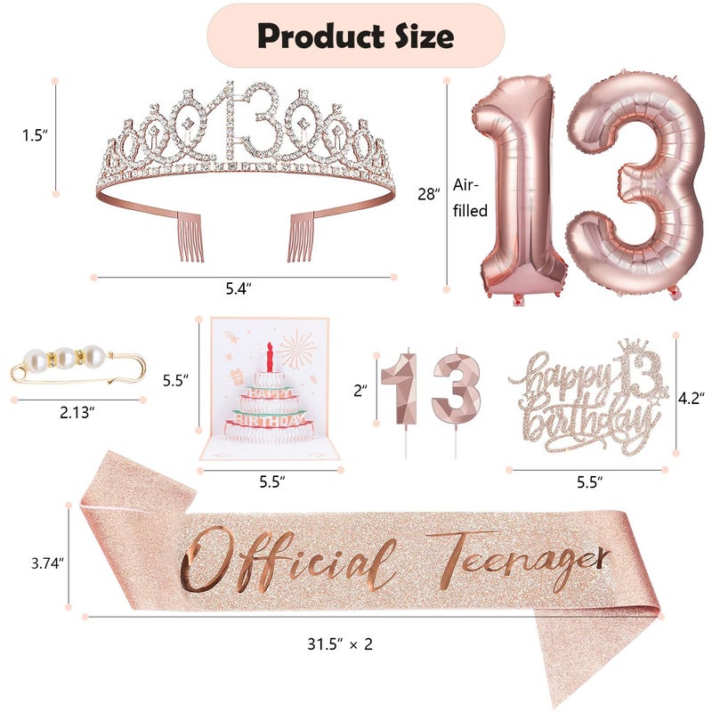 Awfrky 8pcs 13 Birthday Decorations for Girls  Including 13th Happy Birthday Cake Toppers  Birthday Queen Sash with Pearl Pin  Sweet Rhinestone Tiara Crown  Number Candles and Balloons Set  Rose Gold - Image 2